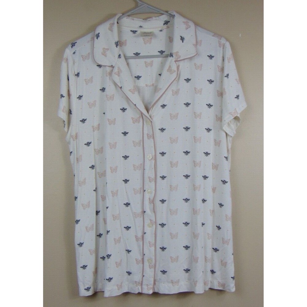 Soma Sleep Shirt Women's Large Button Front Bee / Butterfly Print Short Sleeve